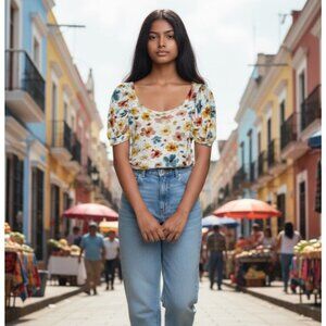 By Anthropologie Floral Puff Sleeve T-Shirt, XS